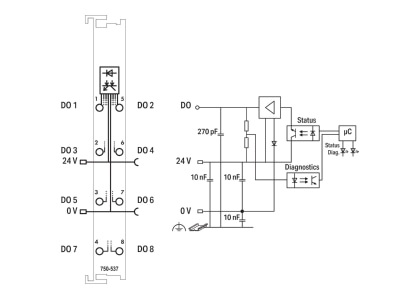 Circuit diagram WAGO 750 537 Fieldbus digital module 0 In   8 Out
