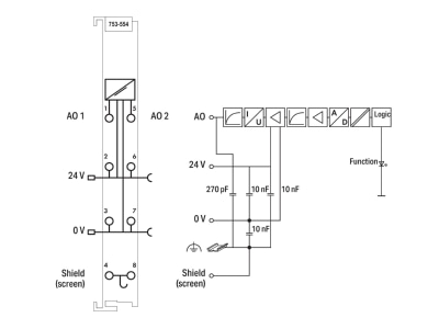 Circuit diagram WAGO 753 554 Fieldbus analogue module 0 In   2 Out