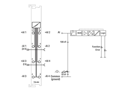 Circuit diagram WAGO 750 464 Fieldbus analogue module 2 In   0 Out