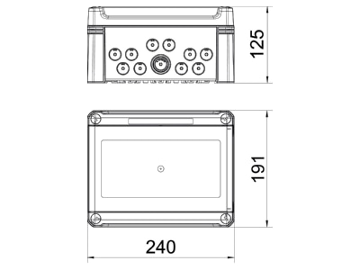 Dimensional drawing OBO SDB 09 PC Surface mounted distribution board 125mm
