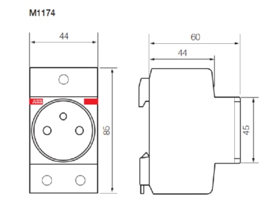 Dimensional drawing ABB M1174 Socket outlet for distribution board