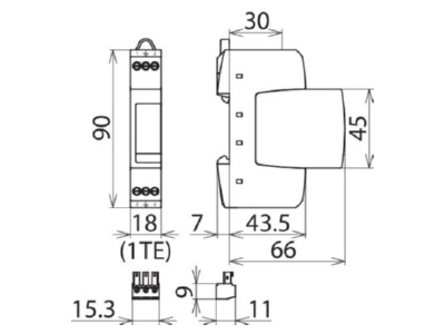 Dimensional drawing 2 DEHN DR M 2P 75 FM Surge protection device 60V 2 pole
