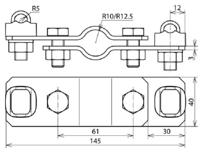 Dimensional drawing 2 Dehn 620 012 Connection clamp for earth rods 20 mm
