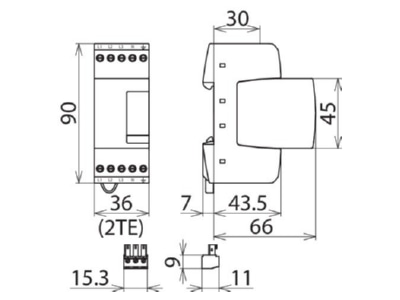 Dimensional drawing 1 Dehn DR M 4P 255 FM Surge protection device 400V 4 pole

