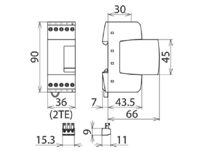 Dimensional drawing 2 Dehn DR M 4P 255 FM Surge protection device 400V 4 pole
