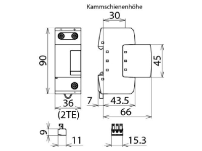 Dimensional drawing 1 Dehn DGP M 255 FM Lightning arrest for power supply 100kA
