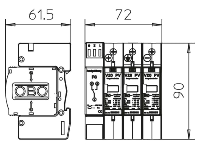 Dimensional drawing 2 OBO V20 C 3PHFS 600 Surge protection for power supply