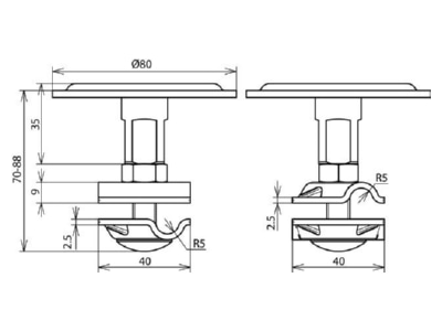 Mazeichnung 1 DEHN FP D80 ET70 8 10 V2A Fangpilz f  Rd 8 10mm NIRO