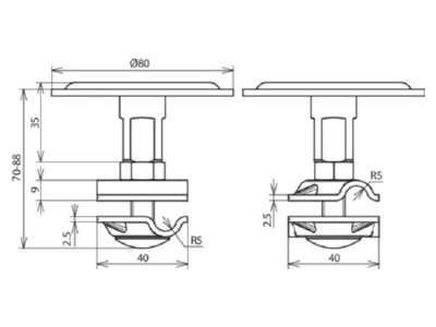 Mazeichnung 2 DEHN FP D80 ET70 8 10 V2A Fangpilz f  Rd 8 10mm NIRO
