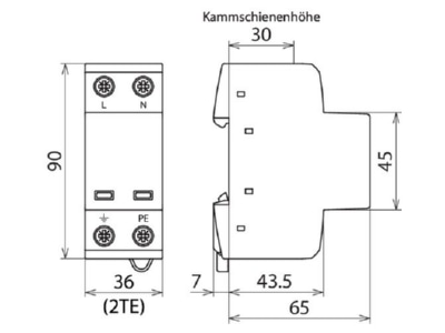 Mazeichnung 3 Dehn DSH TT 2P 255 Kombi Ableiter fuer TT TN Systeme 