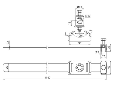 Dimensional drawing 1 Dehn 540 105 Tube clamp for lightning protection
