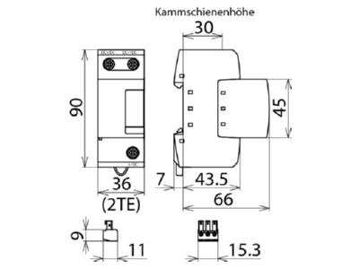 Dimensional drawing 2 Dehn DSE M 1 242 FM Lightning arrest for power supply 25kA
