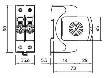 Dimensional drawing 2 OBO V20 2 280 Surge protection for power supply