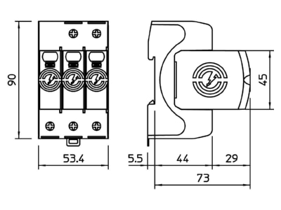 Dimensional drawing 1 OBO V20 2 NPE 280 Surge protection for power supply
