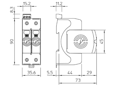 Dimensional drawing 1 OBO V20 2 FS 280 Surge protection for power supply
