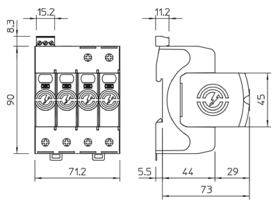 Dimensional drawing 1 OBO V20 4 FS 280 Combined arrester for power systems

