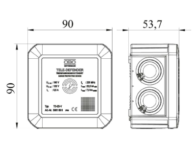 Dimensional drawing 2 OBO TD 2D V Surge protection for signal systems