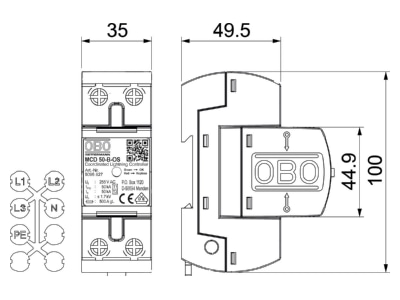 Dimensional drawing 1 OBO MCD 50 B OS Lightning arrest for power supply 50kA
