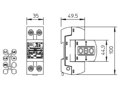 Dimensional drawing 2 OBO MCD 50 B OS Lightning arrest for power supply 50kA