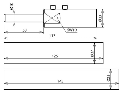Mazeichnung 2 Dehn AEBO10 HVI 23 GR V2A Anschlusselement D23mm  grau