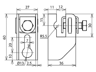 Dimensional drawing 1 Dehn FRH116 10 WA11 B7 CU Holder for lightning protection
