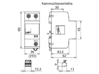 Dimensional drawing 2 Dehn DSH TT 2P 255 FM Combined arrester for power systems
