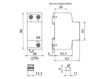 Dimensional drawing 3 Dehn DSH TT 2P 255 FM Combined arrester for power systems