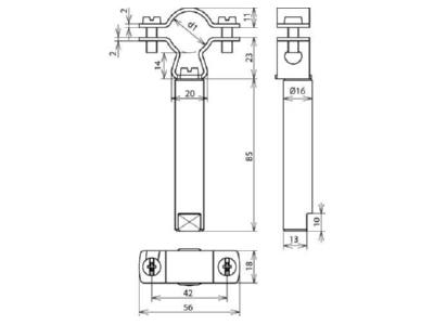 Mazeichnung 2 DEHN 253279 Leitungshalter D 16mm L 85mm NIRO