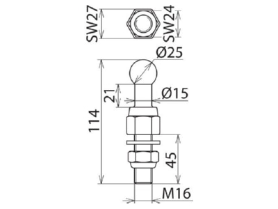 Dimensional drawing 1 DEHN KFP 25 M16 45 SKM Fixed ball point for earthing and short
