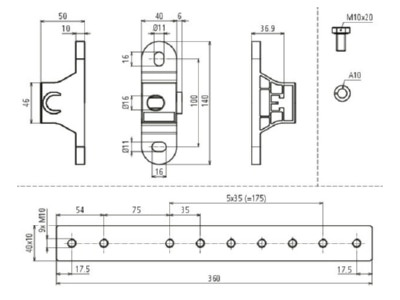 Mazeichnung 2 DEHN PAS EX 7AP M10 V2A Potentialausgleichsschiene