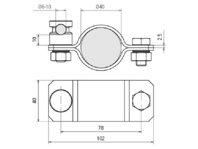 Dimensional drawing 1 DEHN AS D40 KSV 6 10 V2A Earthing pipe clamp 40mm
