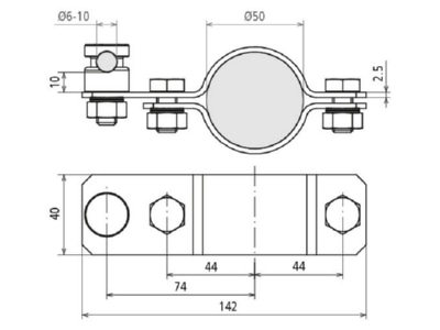 Dimensional drawing 1 DEHN AS D50 KSV 6 10 V2A Earthing pipe clamp 50mm
