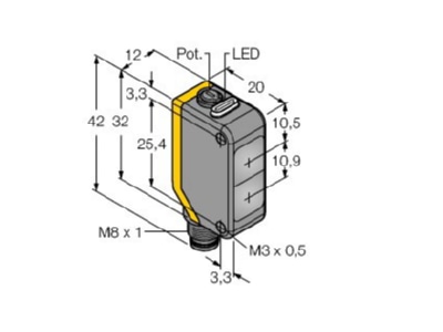 Dimensional drawing Turck Q20PLPQ7 Retroreflective photoelectric sensor