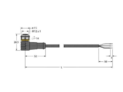 Dimensional drawing Turck WKC4T 2 TEL Sensor actuator patch cord 2m M12