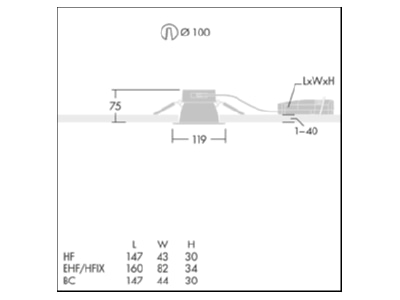 Dimensional drawing Thorn CHAL3 100  92992995 Downlight spot floodlight CHAL3 100 92992995