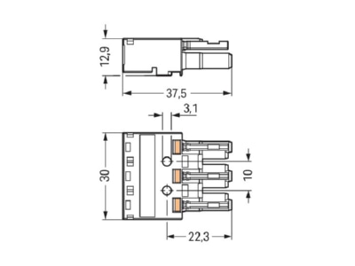 Dimensional drawing WAGO 770 243 Connector plug in installation