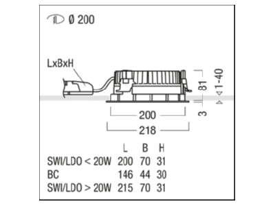 Mazeichnung Zumtobel PANOS EVO  60815857 LED Deckeneinbauleuchte R200L 830 230V WH WH PANOS EVO 60815857