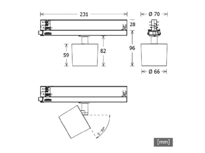 Mazeichnung LTS ORYO T 101 930 45 ws LED Stromschienenstrahler 3000K