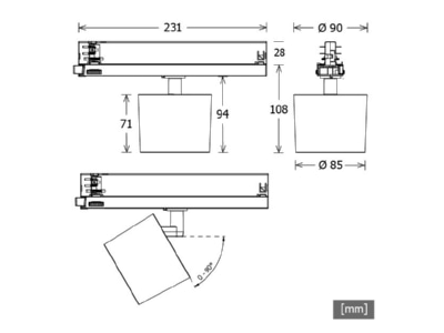 Mazeichnung LTS ORYO T 203 940 25 ws LED Stromschienenstrahler 4000K