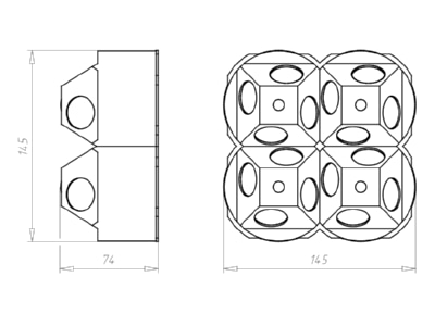 Dimensional drawing Kaiser 9499 77 04 Hollow wall mounted box 145x145mm D 83mm