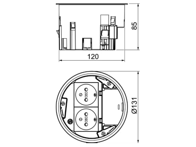 Dimensional drawing 1 OBO MT R2 NF Installation box for underfloor duct
