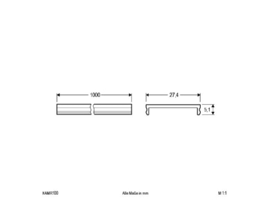 Dimensional drawing EVN KAMR100 Aluminium profile cover opal 100cm