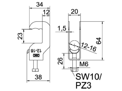 Dimensional drawing OBO BS RS1 M 16 FT One piece strut clamp 12   16mm