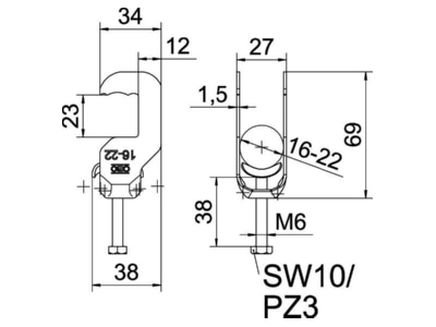 Dimensional drawing OBO BS RS1 M 22 FT One piece strut clamp 16   22mm
