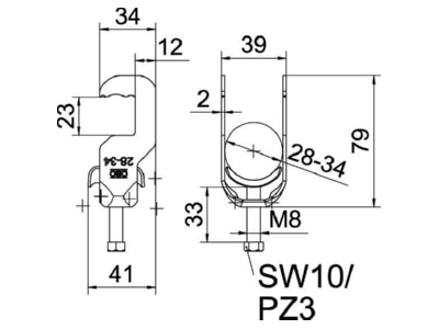 Dimensional drawing 1 OBO BS RS1 M 34 FT One piece strut clamp 28   34mm
