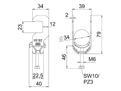 Dimensional drawing 2 OBO BS RS1 M 34 FT One piece strut clamp 28   34mm