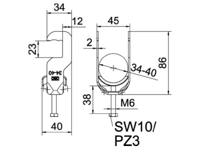 Dimensional drawing 1 OBO BS RS1 M 40 FT One piece strut clamp 34   40mm
