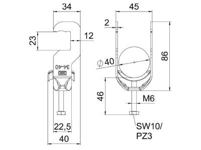 Dimensional drawing 2 OBO BS RS1 M 40 FT One piece strut clamp 34   40mm