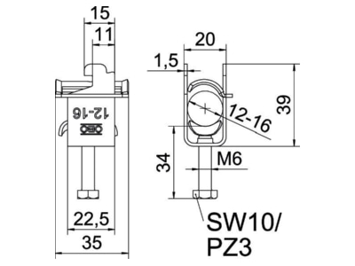 Dimensional drawing OBO BS SAS M 16 A2 One piece strut clamp 12   16mm
