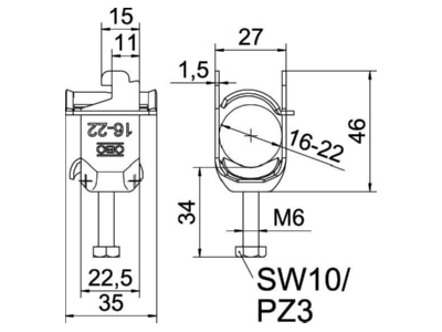 Dimensional drawing OBO BS SAS M 22 A2 One piece strut clamp 16   22mm